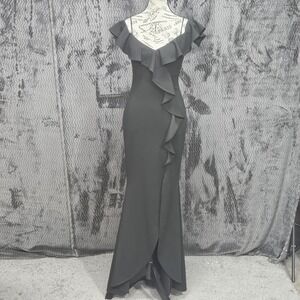 Betsy & Adam Cold Shoulder Ruffled Gown Sz 2 Black Flutter Sleeve Mermaid Glam